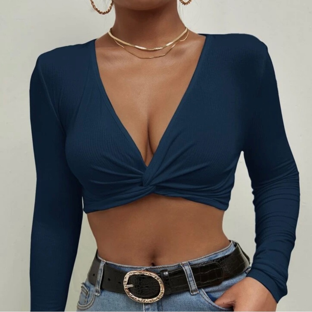 SHEIN Blue Long Sleeve Plunging Neck Twist Bust Crop Top